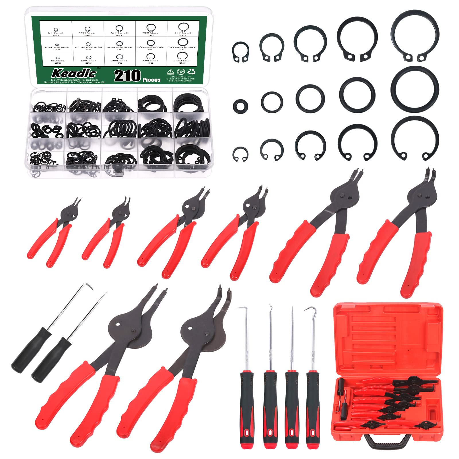 Keadic 225Pcs Internal External Snap Ring Pliers with 15 Sizes Retaining Ring Assortment Set Steel External Circlip, Precision Hook, Circlip Removal Tools for Automobiles Lawnmowers Farm