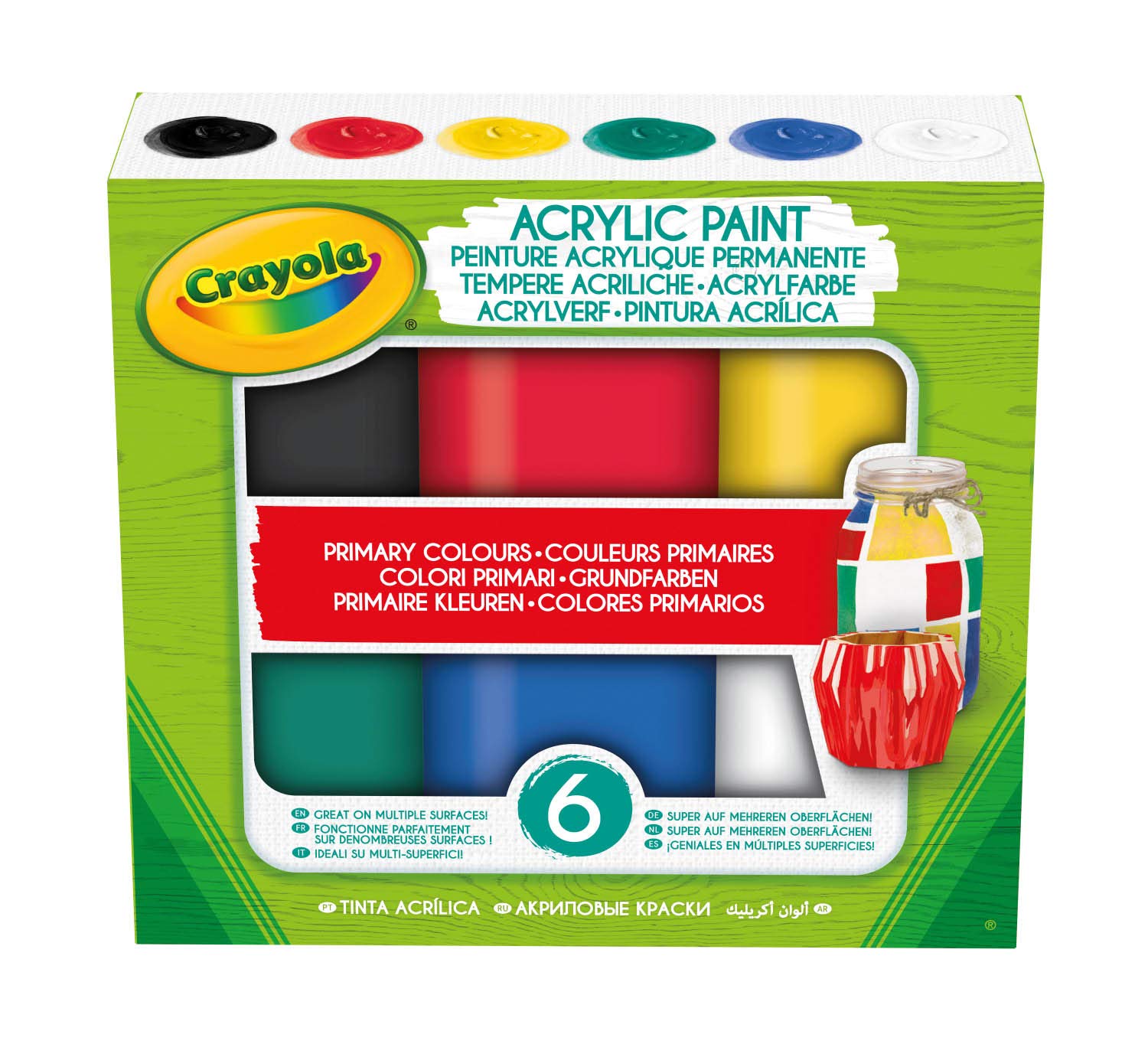 CRAYOLA 6 Acrylic Tempera Paints, Sunset Colours in Resealable Jars Ready to Use for School and Leisure Primary Colours /