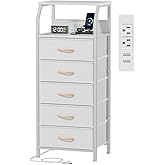 Furnulem 5 Drawers Dresser with Charging Station, Tall Night Stand with Open Shelf, Storage Tower with PVC & Fabric Drawer, Bedside Table for Bedroom, Closet, Entryway, 3 Ways to Use, White