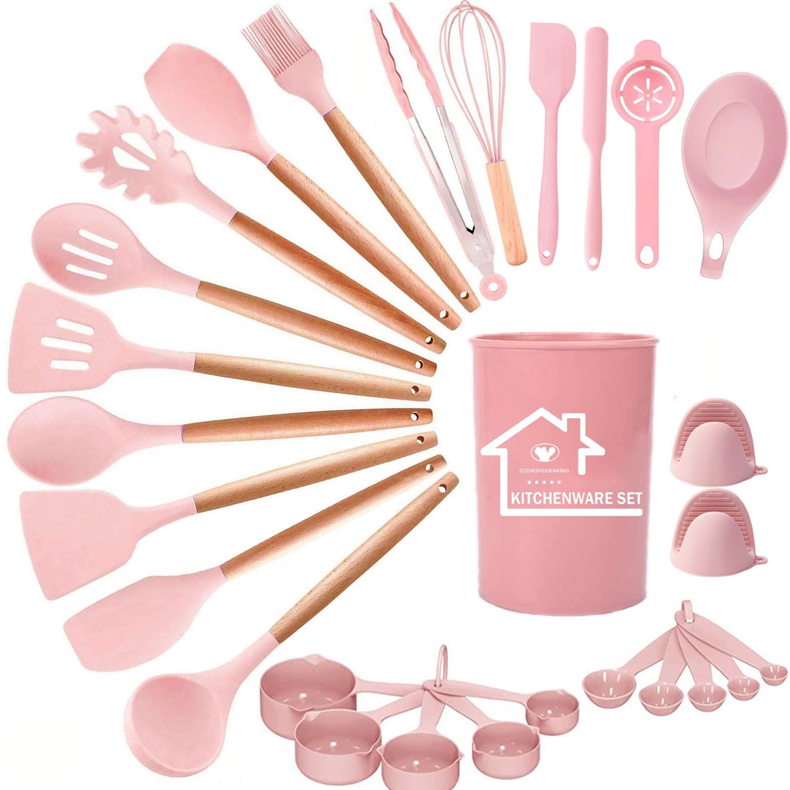 UXIYI Silicone Kitchen Utensils Set, 28pcs Kitchen Silicone Utensils Set, Kitchen Accessories Nonstick Heat Resistant Utensil Set, Kitchen Tools & Gadgets, Pink