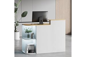 Kikihouse Modern Reception Desk & DIY Metal Strips, Front Desk with LED Light and Hidden Power Outlet, Reception Counter Table for Checkout, Office, Lobby, Nail Salon Spa (White+Wood)
