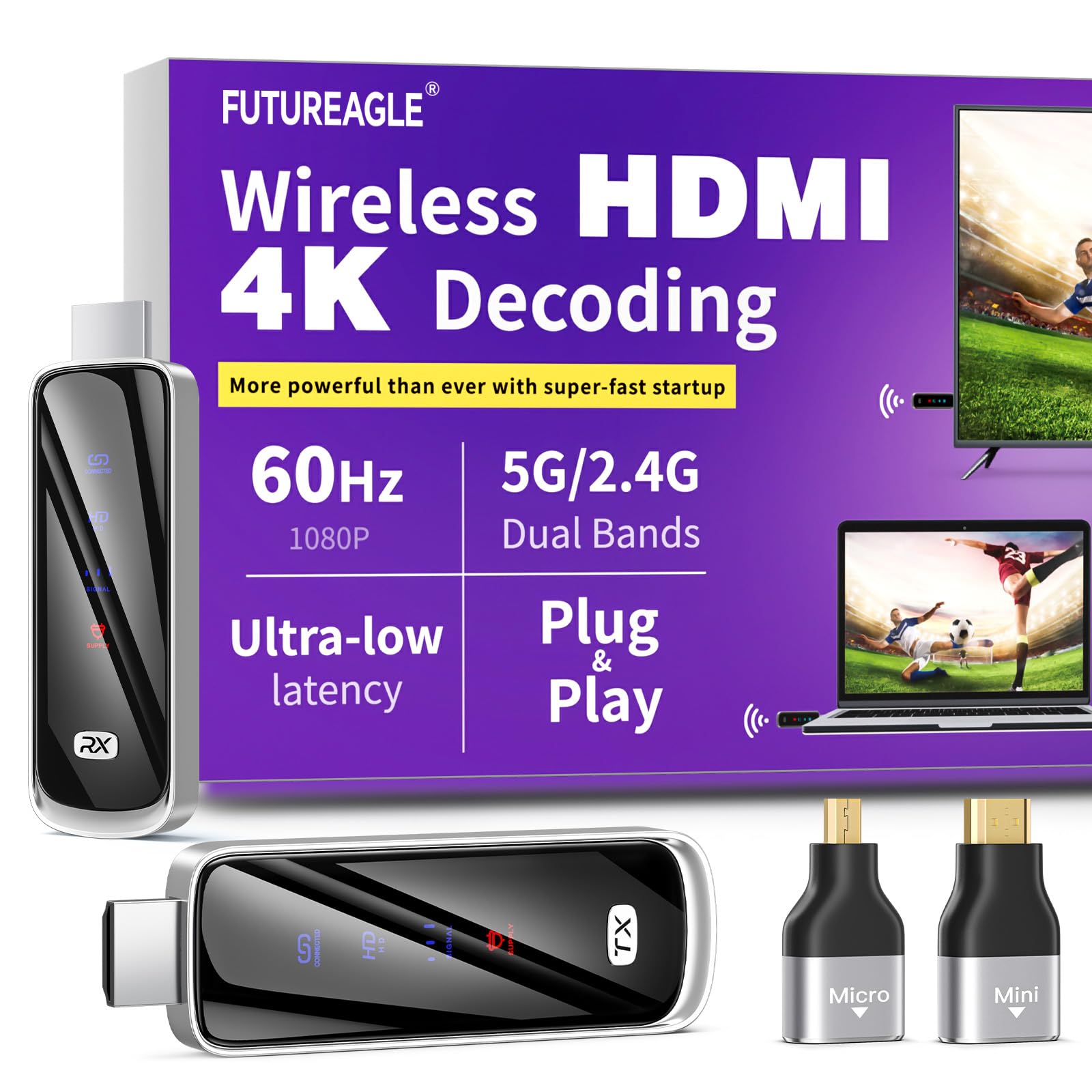 Futureagle Wireless hdmi Transmitter and Receiver 328FT/100M，4K Decode Plug & Play Portable 5G+2.4G Wireless Display Adapter Extender Kit for Video and Audio to Monitor from PC/Projector