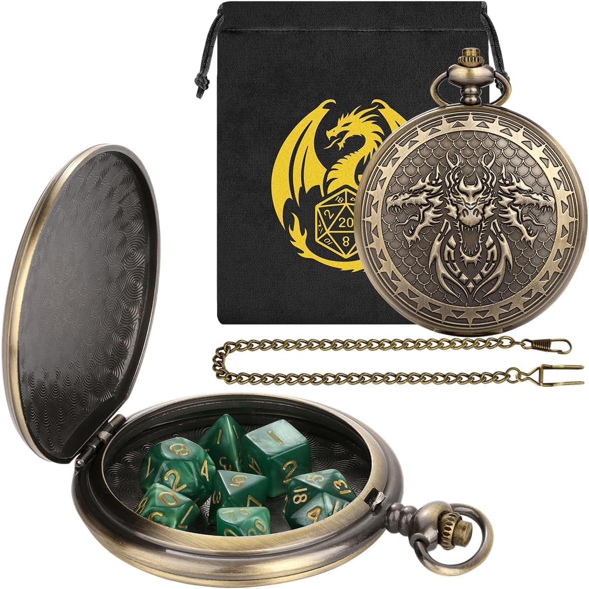 DND 3 Dragon Heads Pocket Watch Case, Mini Dice Set, 7pcs Polyhedral Acrylic Dice, Fantasy Game Set, D&D Starter Set, DND Gifts with Dragon Bag, RPG Accessroies, Warhammer Gifts, Green Dice — image 1