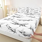 Airplane Kids Fitted Sheet Twin Size,American Aircraft Vintage Toddler Bedding Set,Girls Boys Adults Room Decor,Air Vehicles Air Plane Bed Cover,Black White Bed Sheet,1 Pillowcase