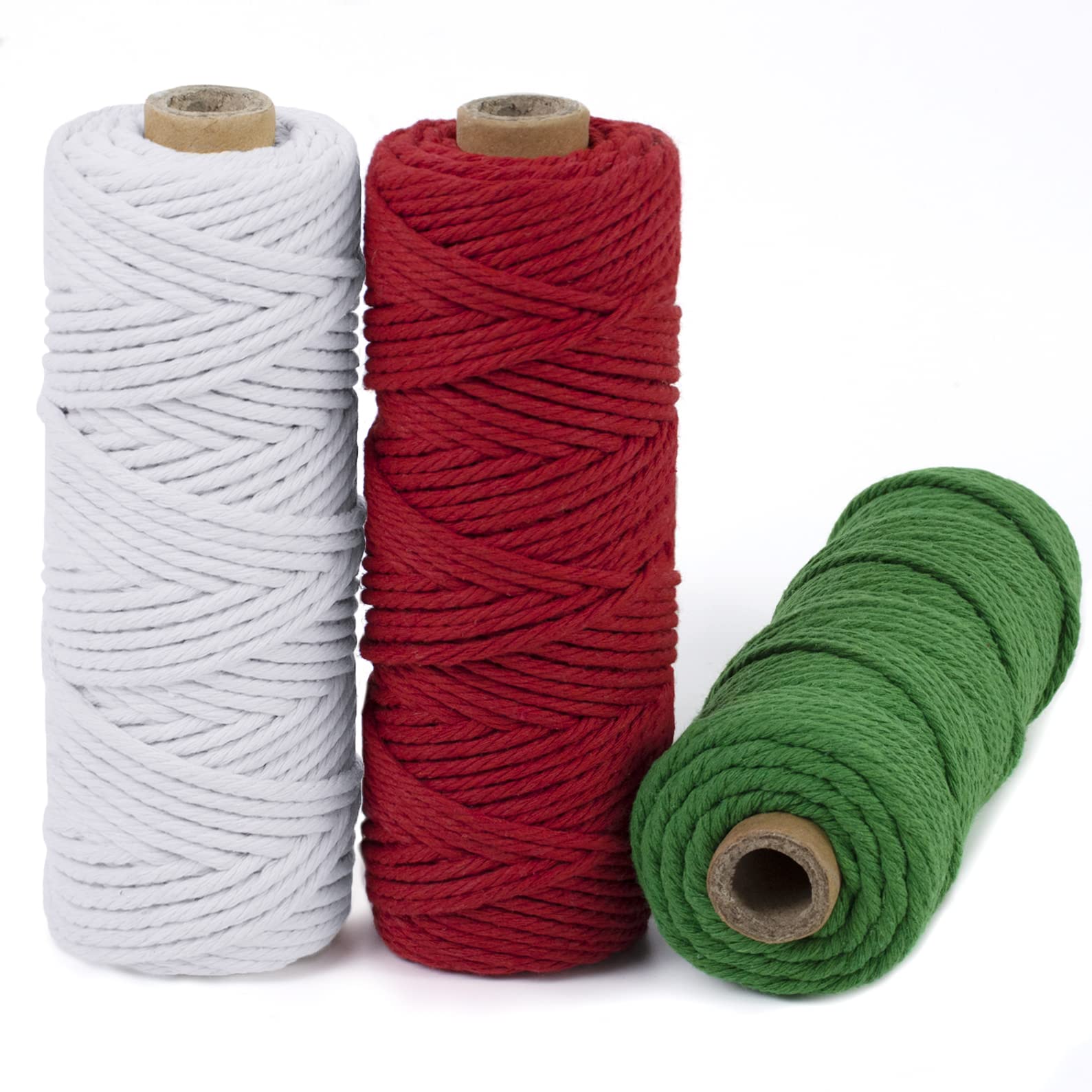 LEREATI Macrame Cord 3mm Set，150m Thick Macrame Cotton Rope Yarn，4 Strand Twisted Soft Macrame String Crafts，Plant Hanger，Wall Hanging，Gift Wrapping，DIY，Home Decoration (3 Color A)，A) White，Red，Green