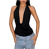 Milumia Women Deep V Neck Draped Backless Halter Top Sexy Ruched Sleeveless Rave Party Tops