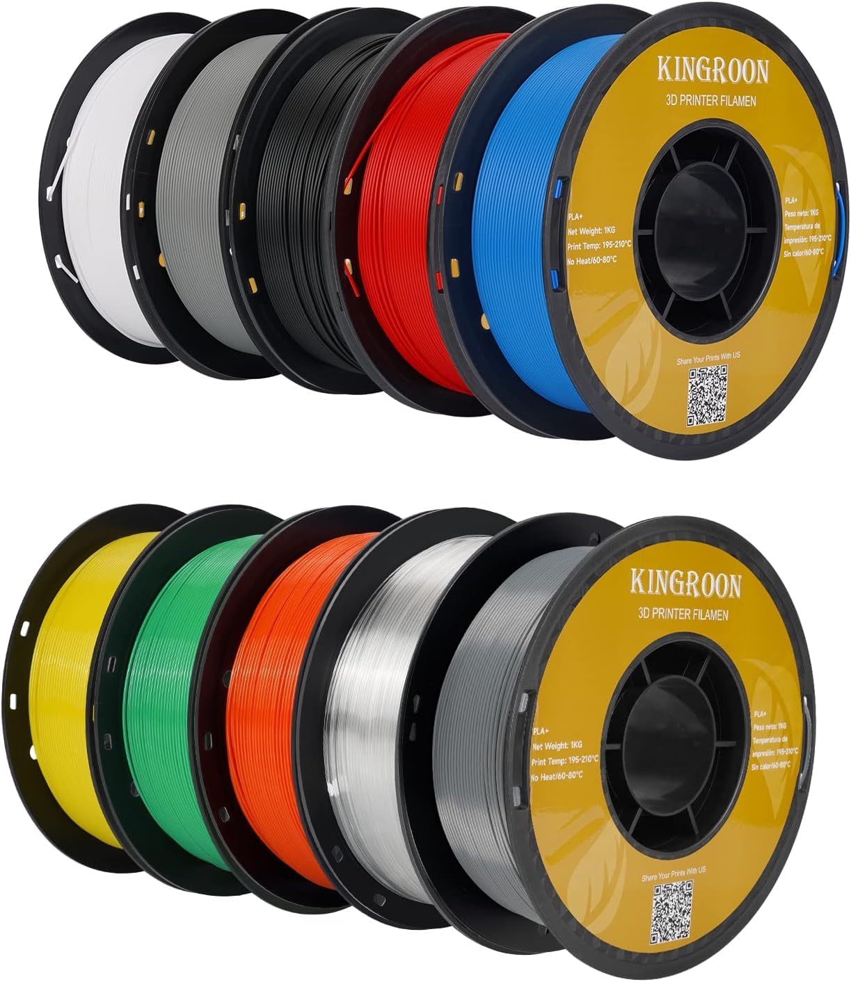 Kingroon PLA Filament 1.75mm, PLA 3D Drucker Filament Maßgenauigkeit +/- 0.03mm, 10KG Spule (22 LBS) PLA Filament für 3D Drucker, Schwarz Weiß Grau Rot Blau Gelb Grün Transparent Orange Silber