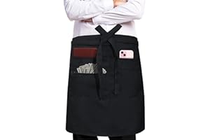 TEXVIDA Unisex Bistro Server Apron with Zipper Pocket - Commercial Grade (Black, 24x20 Inches)