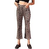 YEXPINE Women's Leopard Bell Bottom Jeans Cropped Mid Rise Stretchy Cheetah Print Flared Demin Pants