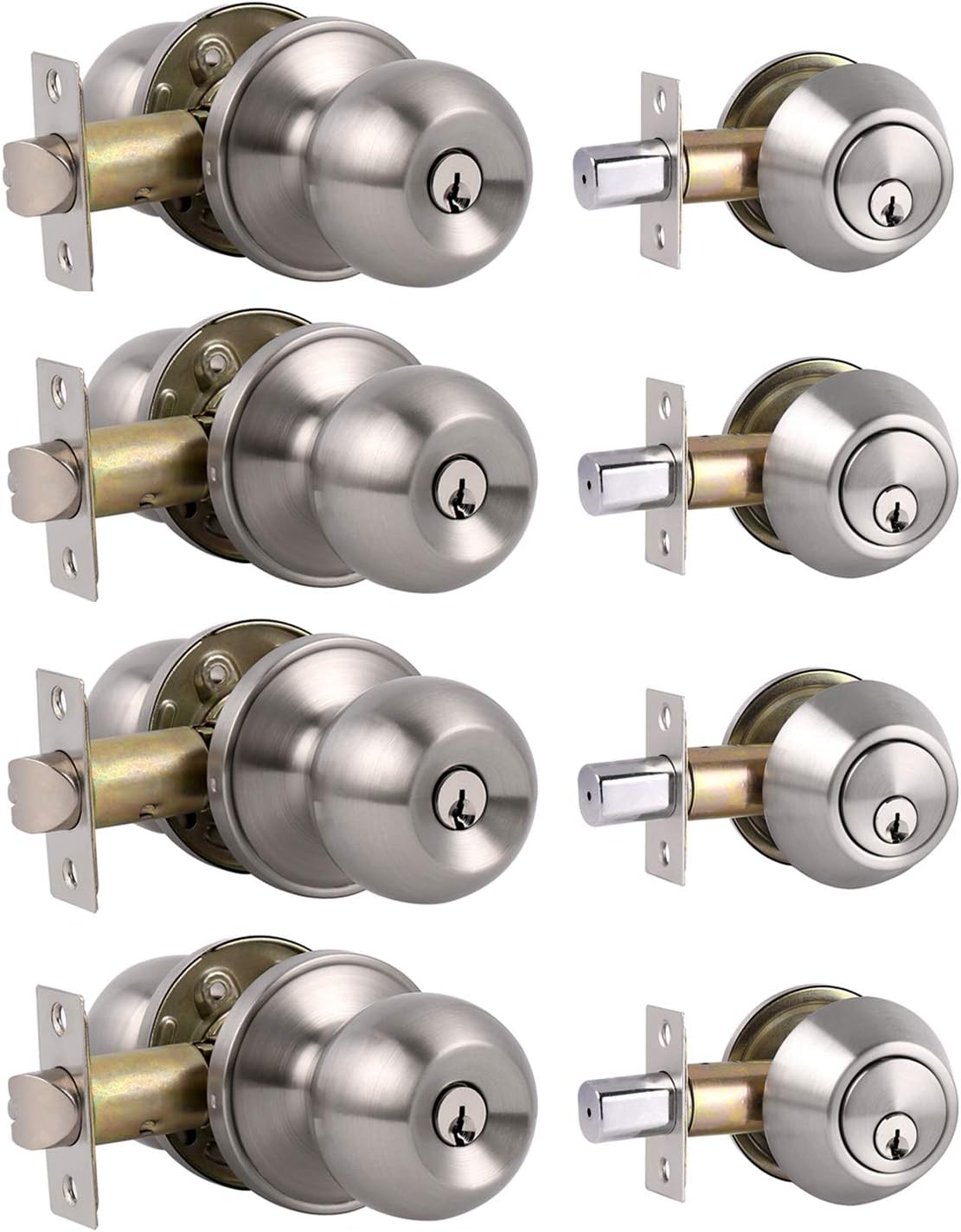 All Keyed Same Entry Door Knobs with Double Cylinder Deadbolt for Exterior Front Doors, Satin Nickel Finish, Keyed Alike for Every Set, Contractor Pack of 4-Keyed on Both Side
