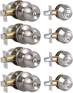 All Keyed Same Entry Door Knobs with Double Cylinder Deadbolt for Exterior Front Doors, Satin Nickel Finish, Keyed Alike for Every Set, Contractor Pack of 4-Keyed on Both Side