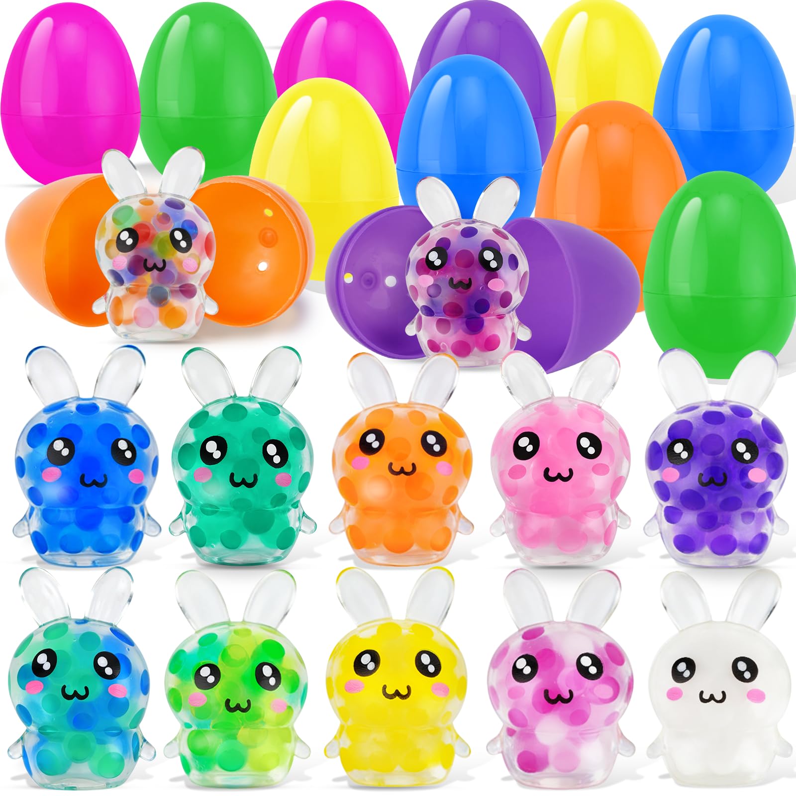 HEAEUNK Pre-Filled Easter Eggs with Bunny Squishies, 12 Count Filled Easter Eggs for Easter Basket Stuffers, Non-Candy Basket Fillers, Easter Gifts
