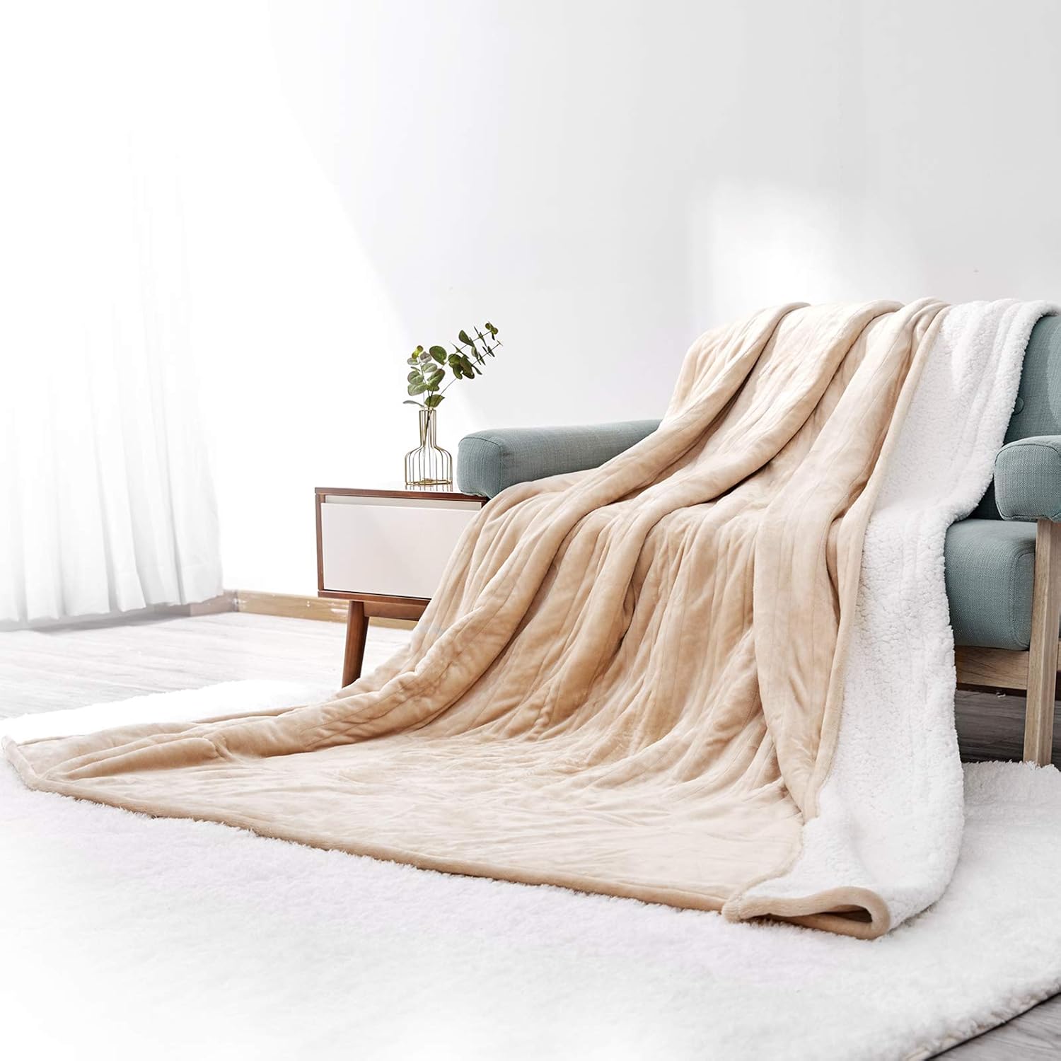 Electric Heated Blanket Queen Size 84" x 90", Heated Throw Flannel with 2 Separate Controllers, 6 Heating Levels & 8 Timing Sets-Auto Off, Home Use, Machine Washable - Beige: Kitchen & Dining