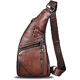 Genuine Leather Sling Bag for Men Vintage Handmade Crossbody Daypack Hiking Backpack Retro Crossbody Shoulder Bags (LightCoffee)