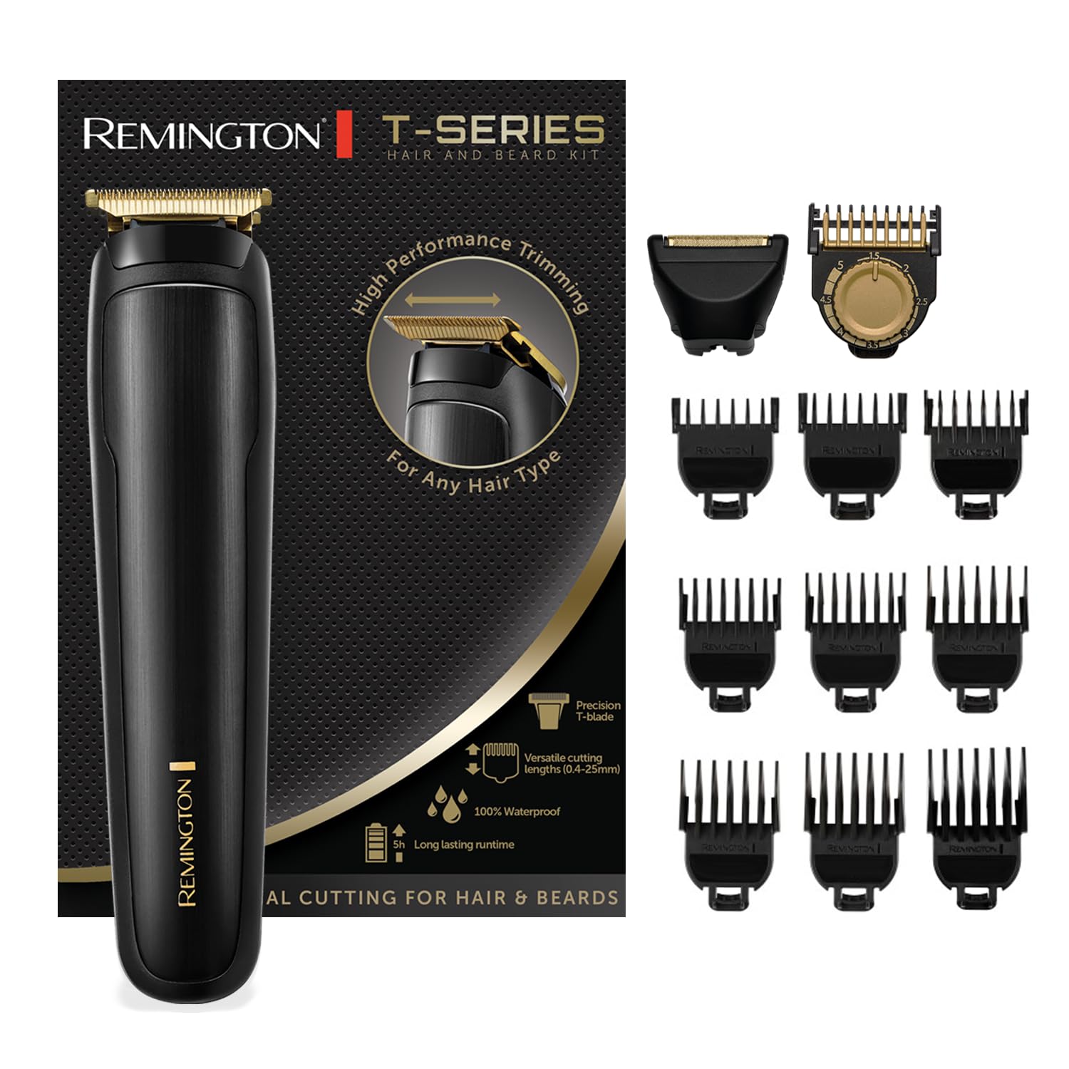 Remington Haarschneidemaschine Profi [Turbo Motor Funktion, Lithium Akku, 4h Laufzeit, Netz- & Akkubetrieb] T-Series 2in1: Barttrimmer & Haarschneider (9 Aufsteckkämme 1,5-25mm & Rasierer+Bart) MB7050