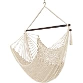 PNAEUT Caribbean Hammock Chair, Hanging Swing Tree Chair | Max 300lbs，47" Hardwood Bar, Soft-Spun Rope, Metal Ring,Outdoor, Indoor, Bedroom, Porch, Backyard (Cream, Medium)