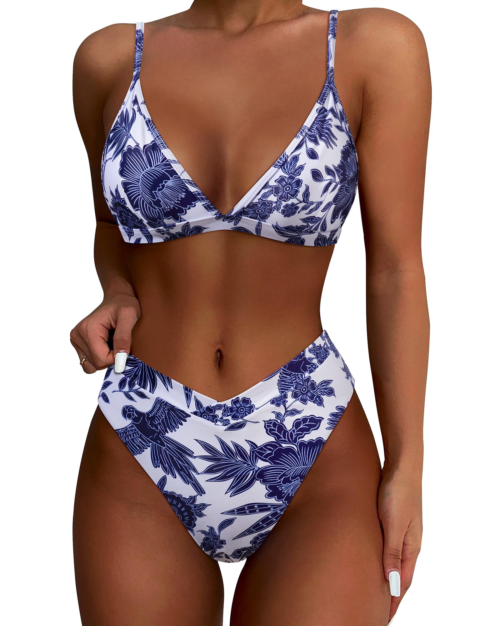 Photo 1 of SUUKSESS Women Triangle High Cut Bikini Sets Sexy High Waisted Color Block Two Piece Swimsuits Push Up Bathing Suits (Deep Blue Floral White,M)