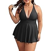 B2prity Women's One Piece Swimdress Swimsuit Plus Size Tummy Control Swim Dress V Neck Push Up Skirted Bathing Suit