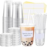 Ziliny 25 Sets Crystal Clear Plastic Cups with Lids, Straws and Stickers, Disposable Iced Coffee Cups Thickened PET for Iced Coffee, Bubble BobaTea, Smoothie, Cold Drinks, Juice, Shops (16 oz)