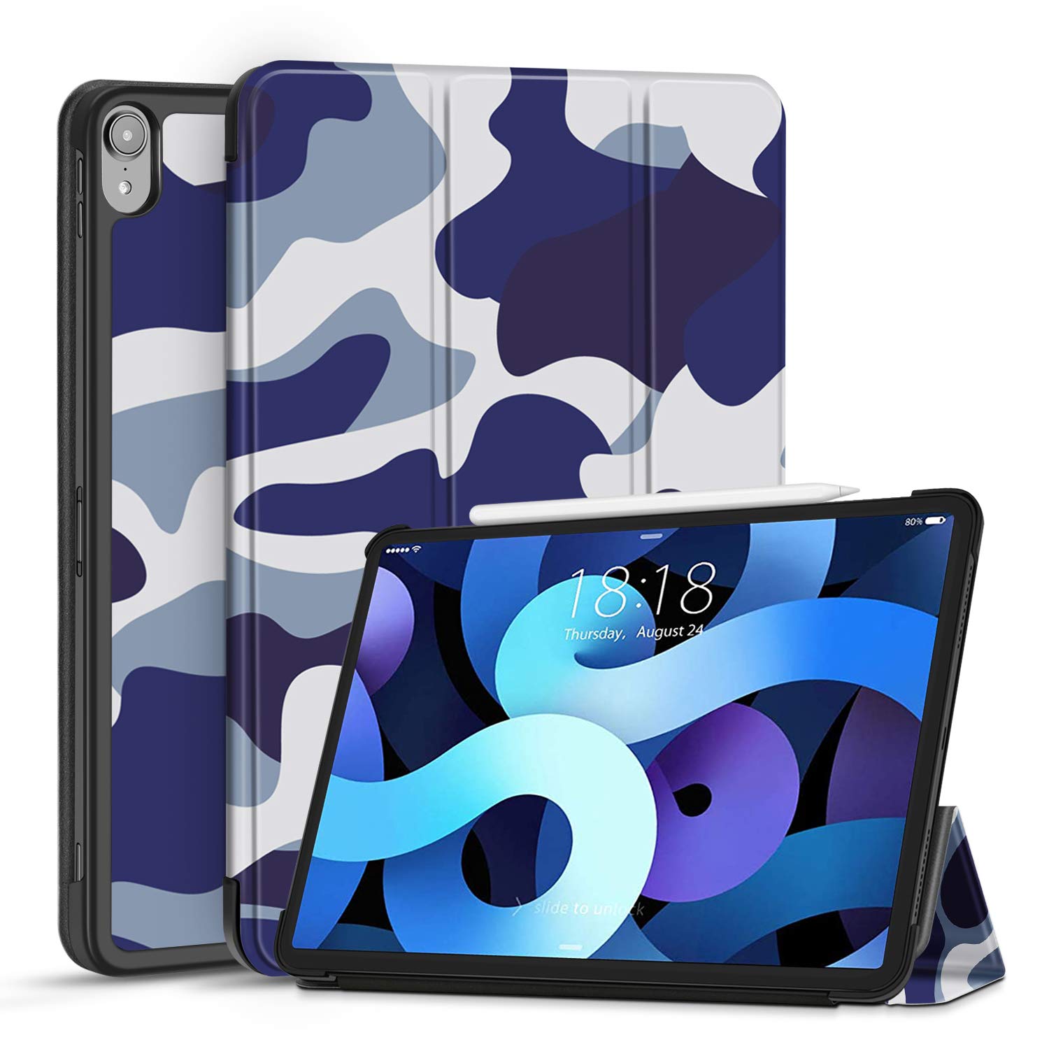 TNP Cover Case for iPad Air 11 Inch M2 6th 2024, 5th 4th Generation(2022 2020) - 10.9" Camouflage Blue Case with Pencil Holder for 2nd Gen Apple Pencil - Protective Cover with Trifold Stand
