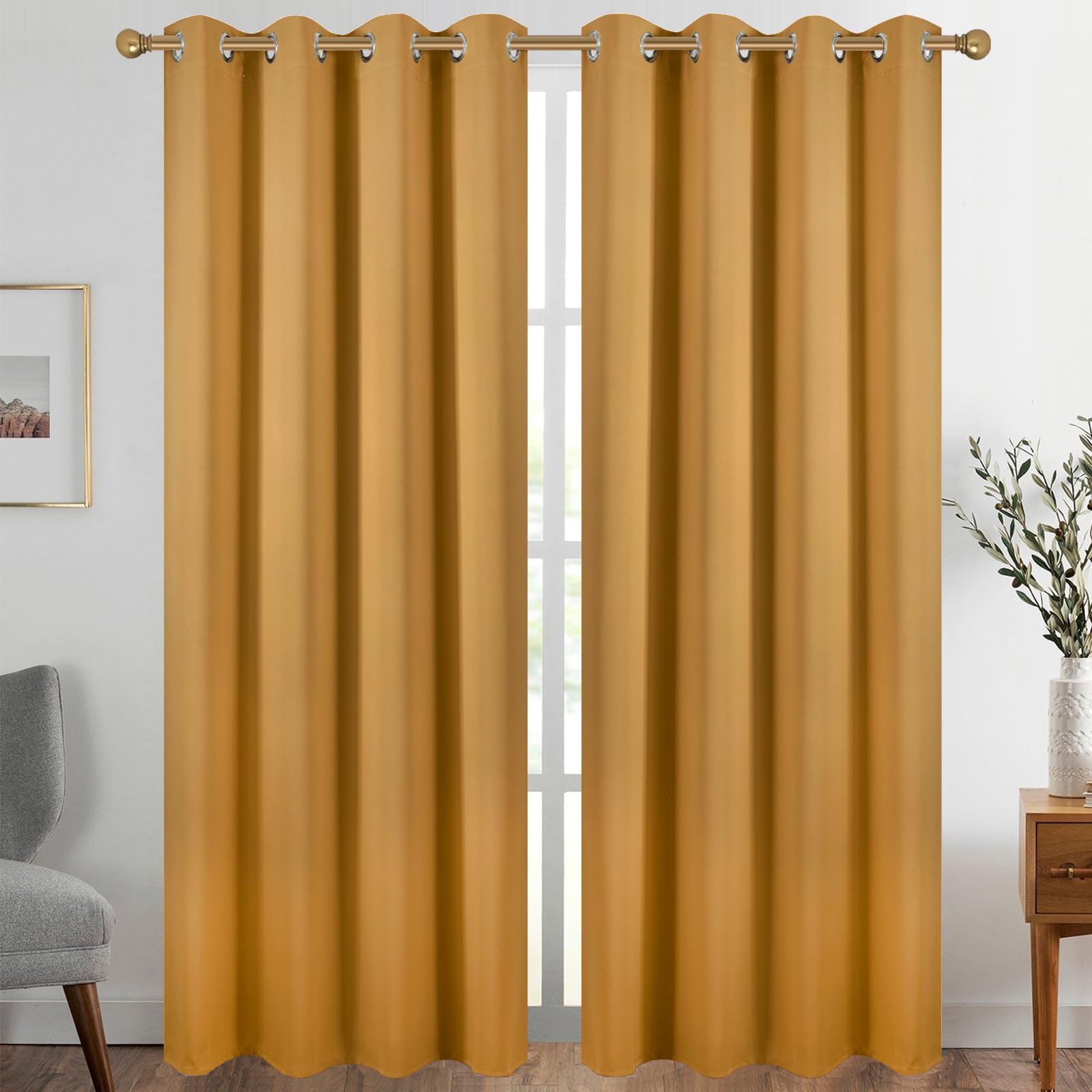 Diraysid Mustard Yellow Grommet Blackout Curtains for Bedroom Thermal Insulated Room Darkening Curtains Drapes, 52 x 84 inch, 2 Panels Image