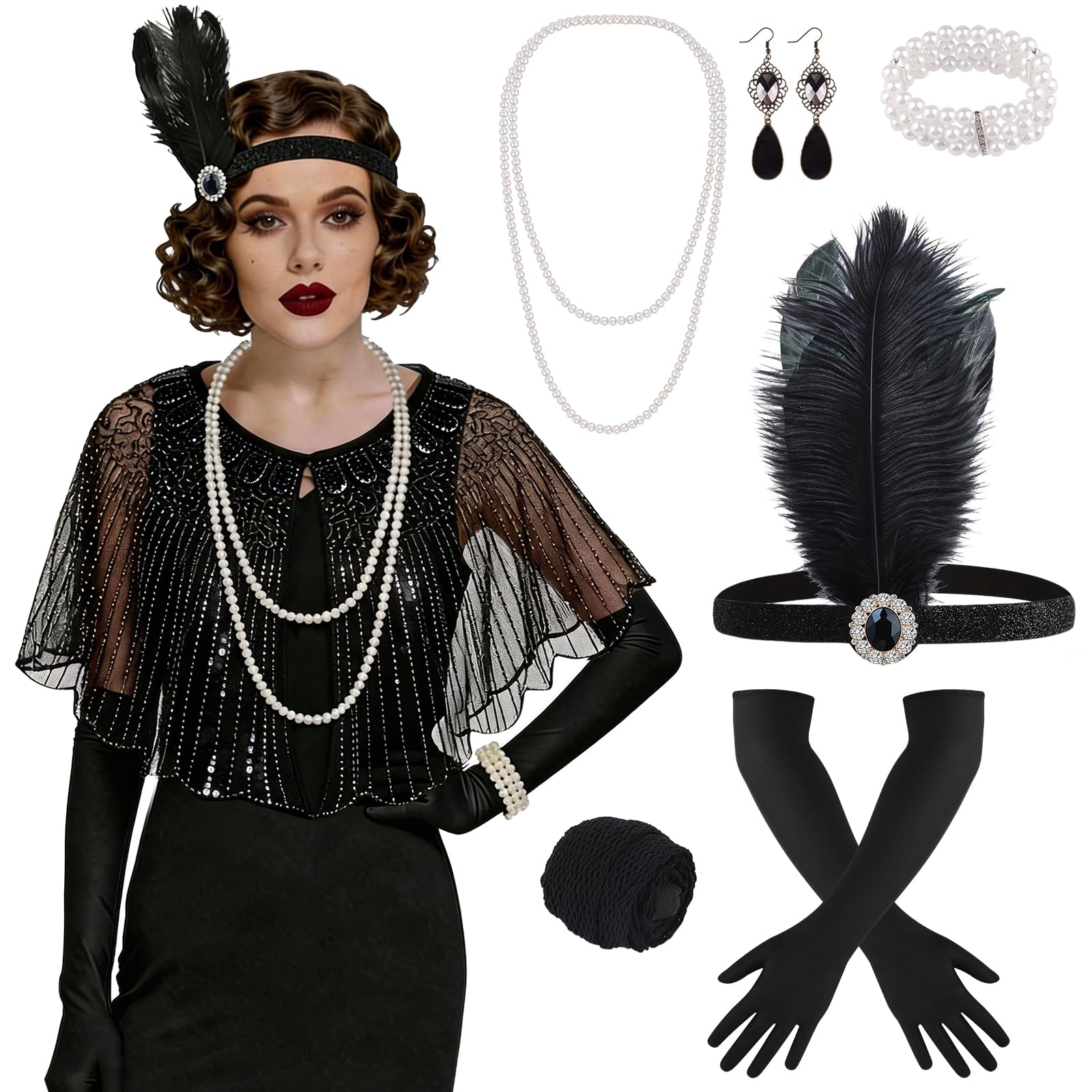 ELECLAND 10 Pieces 1920s Flapper Great Gatsby Accessories Set Fashion Roaring 20's Theme Set with Headband Headpiece Long Black Gloves Necklace Earrings for Women (Black (Style 7))