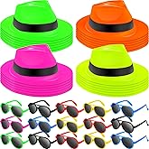 Jecery 48 Pcs Neon Party Supplies 80's Style Party Favors 24 Hat with 24 Sunglasses Glowing Stars Rave Hats Neon Supplies for Birthday Gangster Music Props Favors