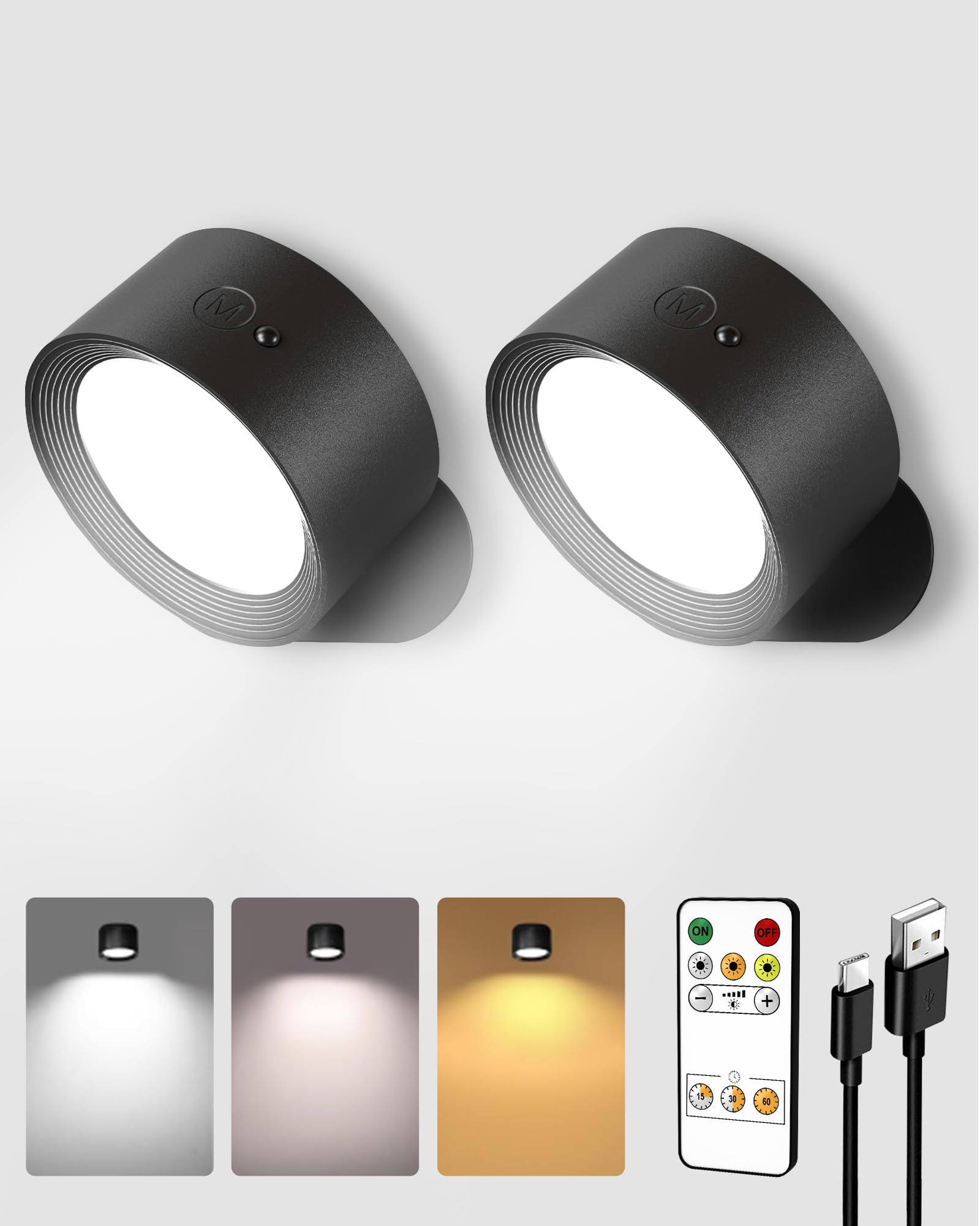 Photo 1 of AMETHEUS LED Wall Mounted Lights, Rechargeable Wall Sconces Lamp, 3 Color Temps & Remote and Touch, 360°Rotation Dimmable Cordless Wall Light for Study Bedroom Reading Bedside(Black, 2 Pack)
