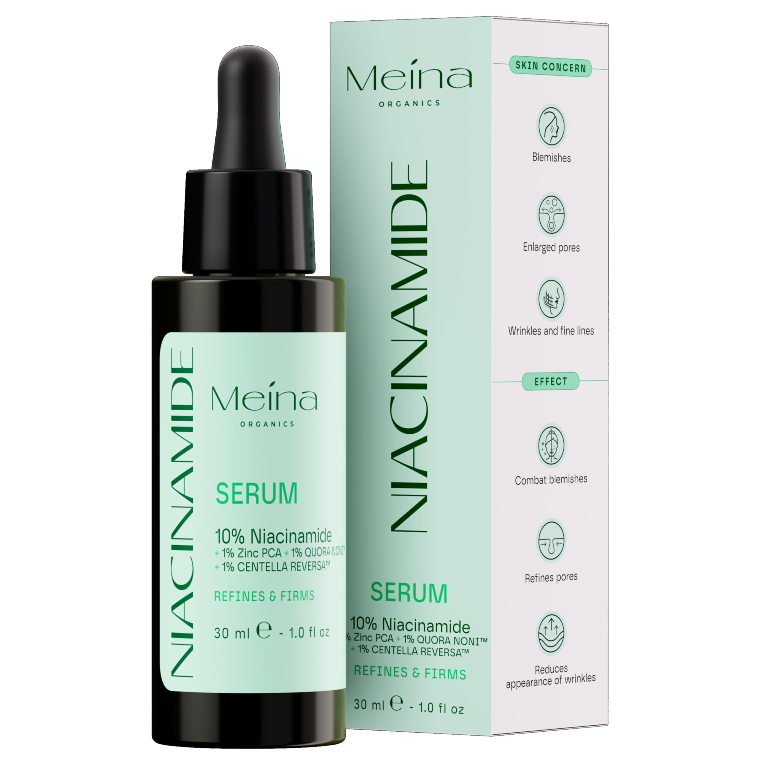 Meina 10% Niacinamide Serum with Zinc PCA, Centella Asiatica (CICA), Organic Aloe Vera Base, Skincare against Blemishes, Hyperpigmentation and Dark Spots, Light Fast-absorbing Texture, Vegan, 30ml