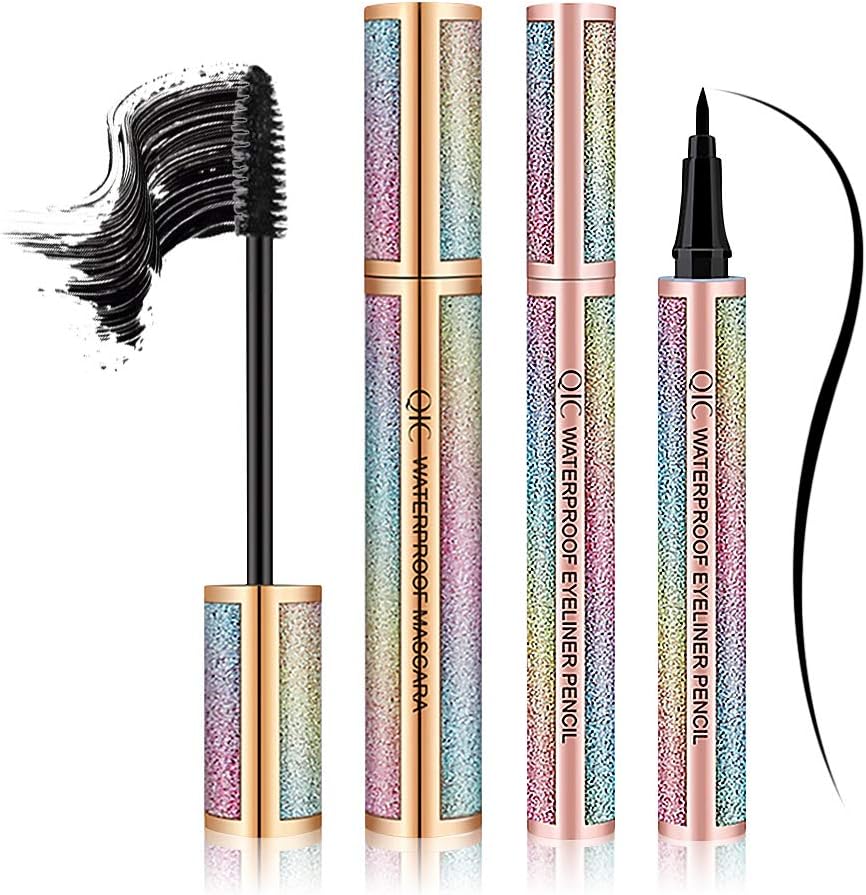 4D Silk Fiber Lash Mascara & Eyeliner Waterproof Eye Makeup - Lengthening Thickening Eyelashes, Voluminous Extension Cream, Long Lasting Smudge-proof Liquid Eye Liner, Natural Non-Toxic Hypoallergenic