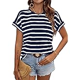 LilyCoco Womens Short Batwing Sleeve Striped Shirt Crew Neck Tops Casual Loose Fit Tee