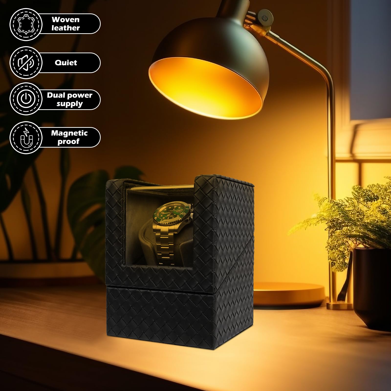 Watch Winder for Automatic Watches – Silent Adjustable Rotation, Premium PU Leather Automatic Watch Winder, Soft Interior, Ideal Gift Option, Luxurious Display Case for Automatic Watches