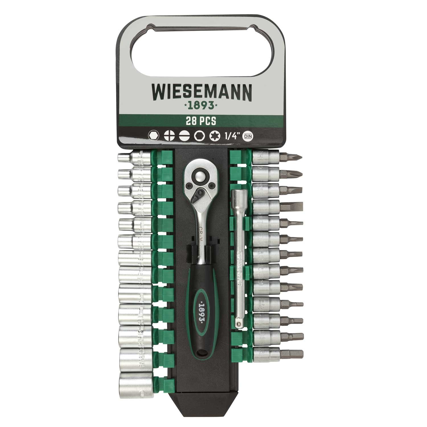 WIESEMANN 1893 Socket Wrench Set 28 pcs with 1/4" Ratchet, 8mm - 32mm Hexagon bit Inserts and Extension 100mm Chrome Vanadium Steel with Holder from I 80102