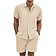 COOFANDY Men's Summer Beach Outfits 2 Piece Short Sleeve Shirts and Shorts Vacation Texture Linen Sets for Men