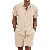 COOFANDY Men's Summer Beach Outfits 2 Piece Short Sleeve Shirts and Shorts Vacation Texture Linen Sets for Men