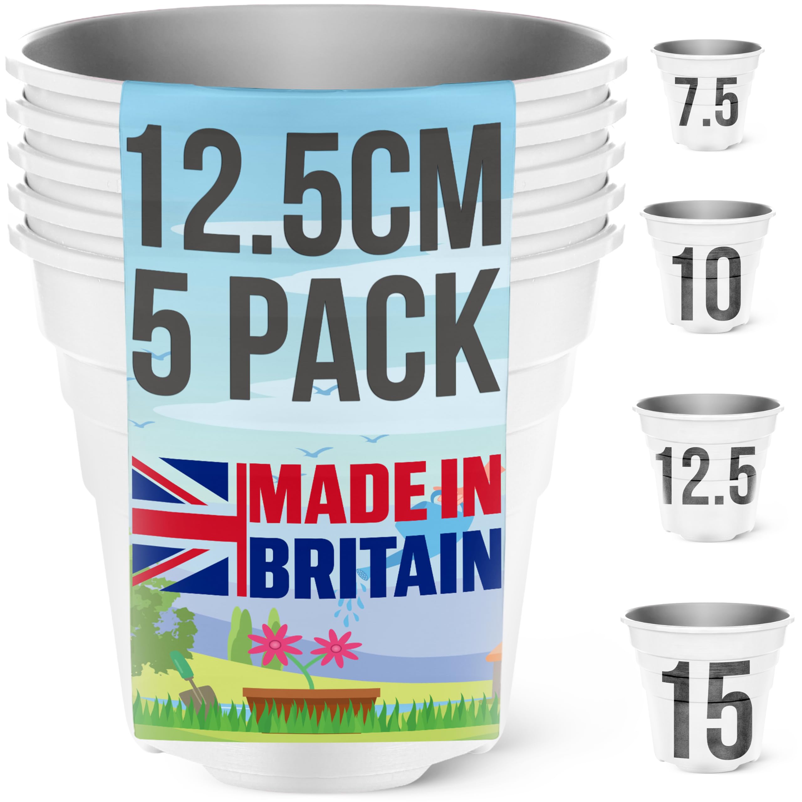 Happy Pots ECO 12.5cm Gloss White - Pack of 5 Premium Plastic Plant Pots - Reusable Flower Pots for Indoor/Outdoor Home Décor Gardening - Round, Heavy Duty, UV Resistant, Recyclable