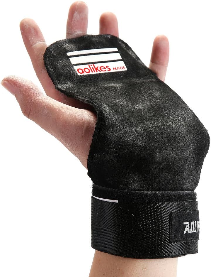 SEEU Womens Mens Hand Grips Pull Up Grips, Weight Lifting Gloves,Gymnastics Grips Great for WODs, Pullups, Crossfit Training Microfiber/Cowhide Black (1 Pair)