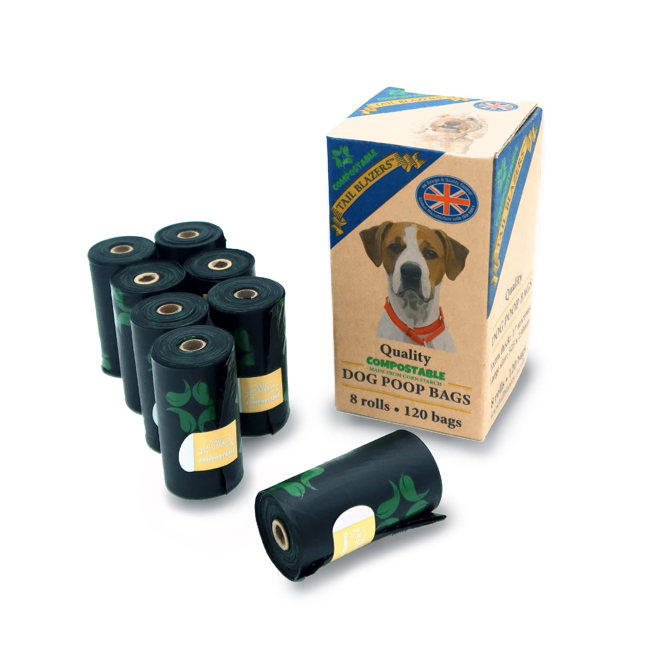 TAIL BLAZERS™ Quality Compostable Dog Poo Bags 120. Corn Starch Waste Bag Rolls for Dogs. Double Seal, Leak Proof. Extra Thick and Easy Tear. Different from Biodegradable Doggy Poop Bag.