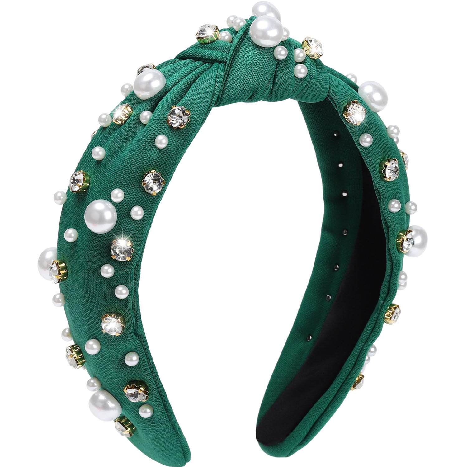 WantGor Pearl Knotted Headband, Women Rhinestone Embellished Hairband Elegant Wide Top Knot Bride Headbands Headpieces Party Fashion Elegant Ladies Hair Band Hair Hoop Accessories (Green)