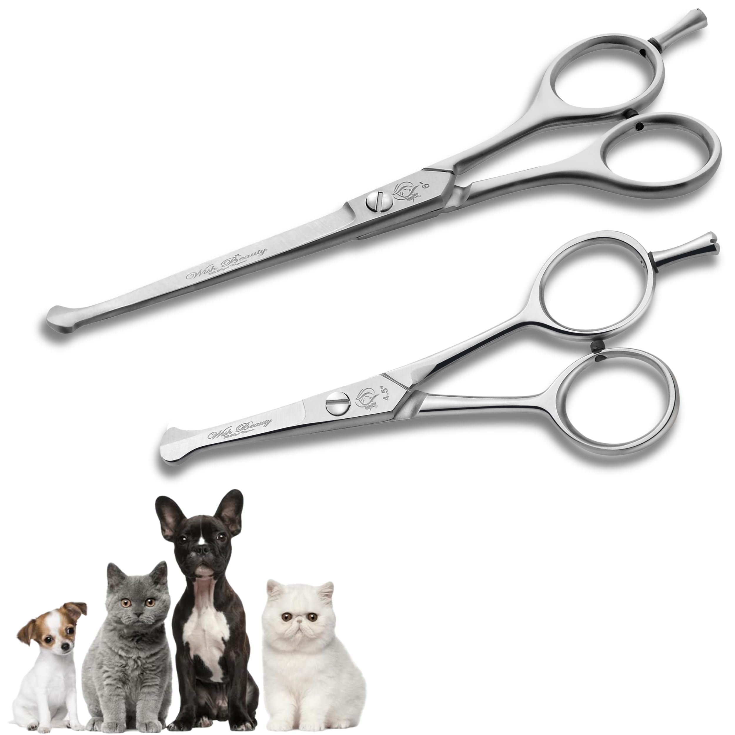 WishBeauty Pet Cat Dog Grooming Scissors Kit – 6 & 4.5 inch Hair Cutting Scissors Set, Japanese Stainless Steel Straight Blades with Safety Round Tips for Your Beloved Pets
