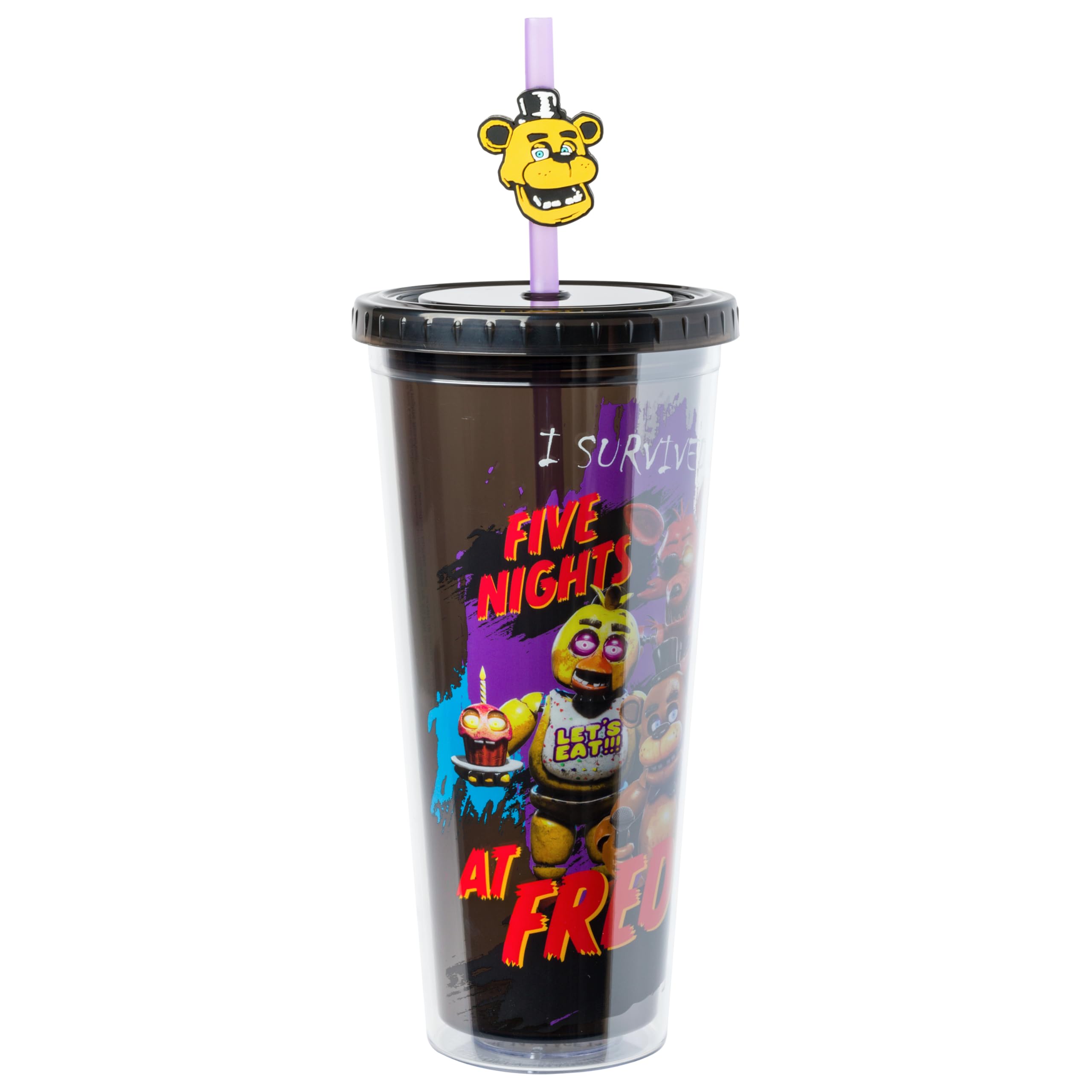 Silver Buffalo Five Nights at Freddy's Plastic Cold Cup with Lid and Straw Topper Featuring Freddy Fazbear, Foxy, Chica, and Bonnie, 24 Ounces