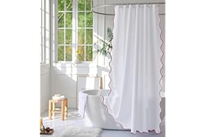 youngseahome White Fabric with Red Scalloped Border Shower Curtain,Boho Chic Cloth Shower Curtain for Bathroom Showers,72 x 84 Inches