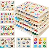 GRINNNIE Wooden Peg Puzzle for Toddlers, 6 Pack Toddler Puzzles Set for 3 4 5 Years Old (Alphabet Number Shape Animal Dinosaur Vehicle), Preschool Education Learning Puzzle Toys for Girls and Boys