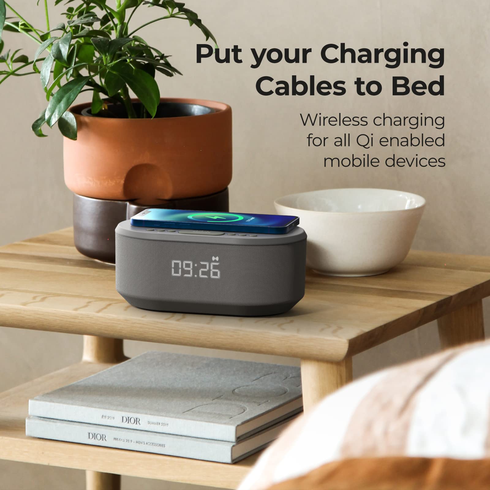 i box Dawn FM Radio, Bluetooth Wireless Speaker, Fast Charging, Clock Radio, LED Display, USB Charger, Dimmable Night Light, Alarm Clock Feature, Wireless Charger, Digital Clock, Dual Alarm (Grey)