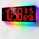 RUIDDY 17.2" Large Digital Wall Clock with Ambient Lights for Gaming Room | Plug-in Power, Remote Control, Temp Humidity Date DST Timer, Auto-Dimming LED Alarm Clock for Home Gym Garage Seniors Mom Dad