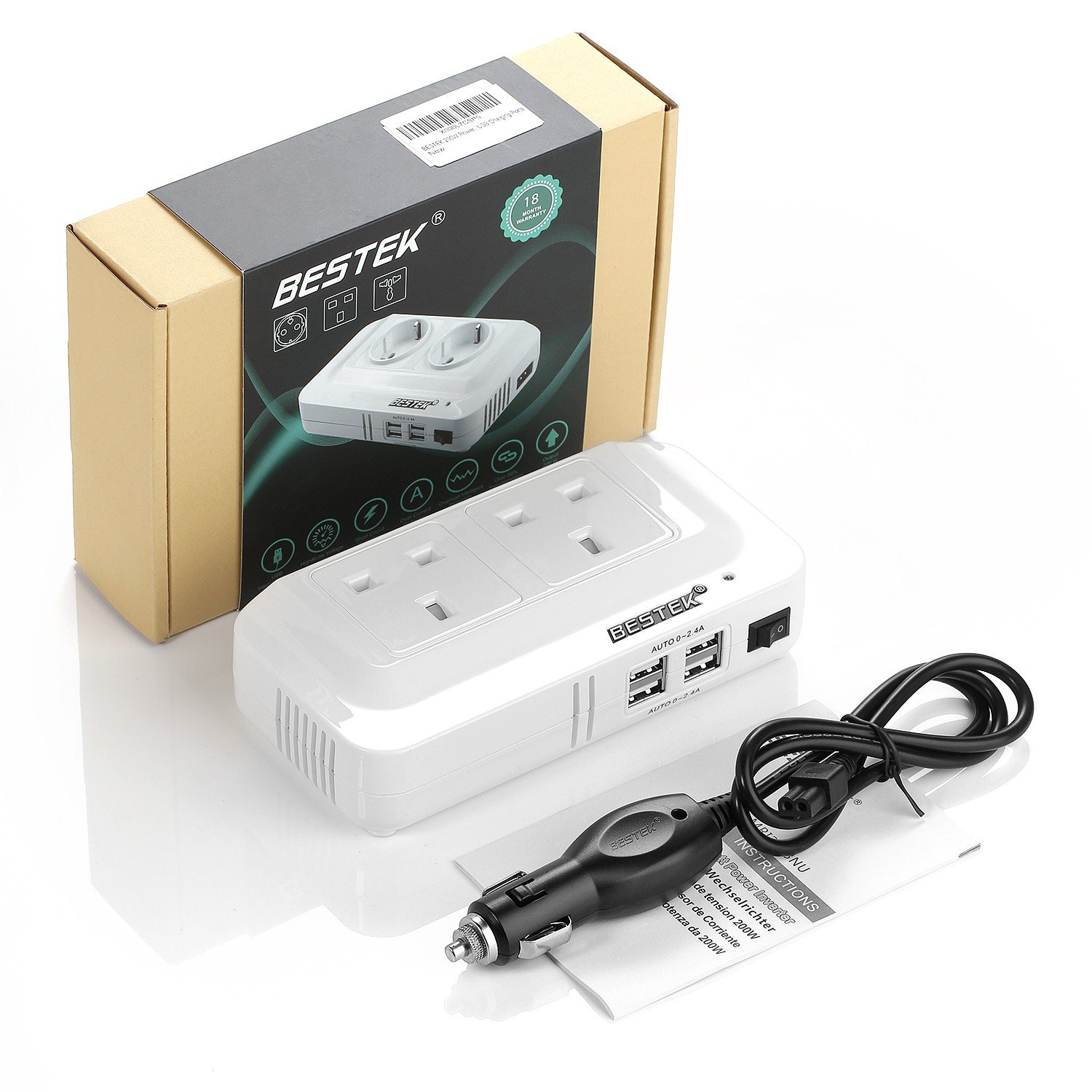 BESTEK 200W Power Inverter DC 12V to AC 230V 240V Dual Socket Car