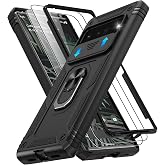 for Google Pixel 6 Pro Case with Slide Camera Cover &amp; Screen Protector (2 PCS), Pixel 6 Pro Case Build in 360&deg; Rotating Ring Kickstand, Military Grade Protective Case for Google 6 Pro Case, Black