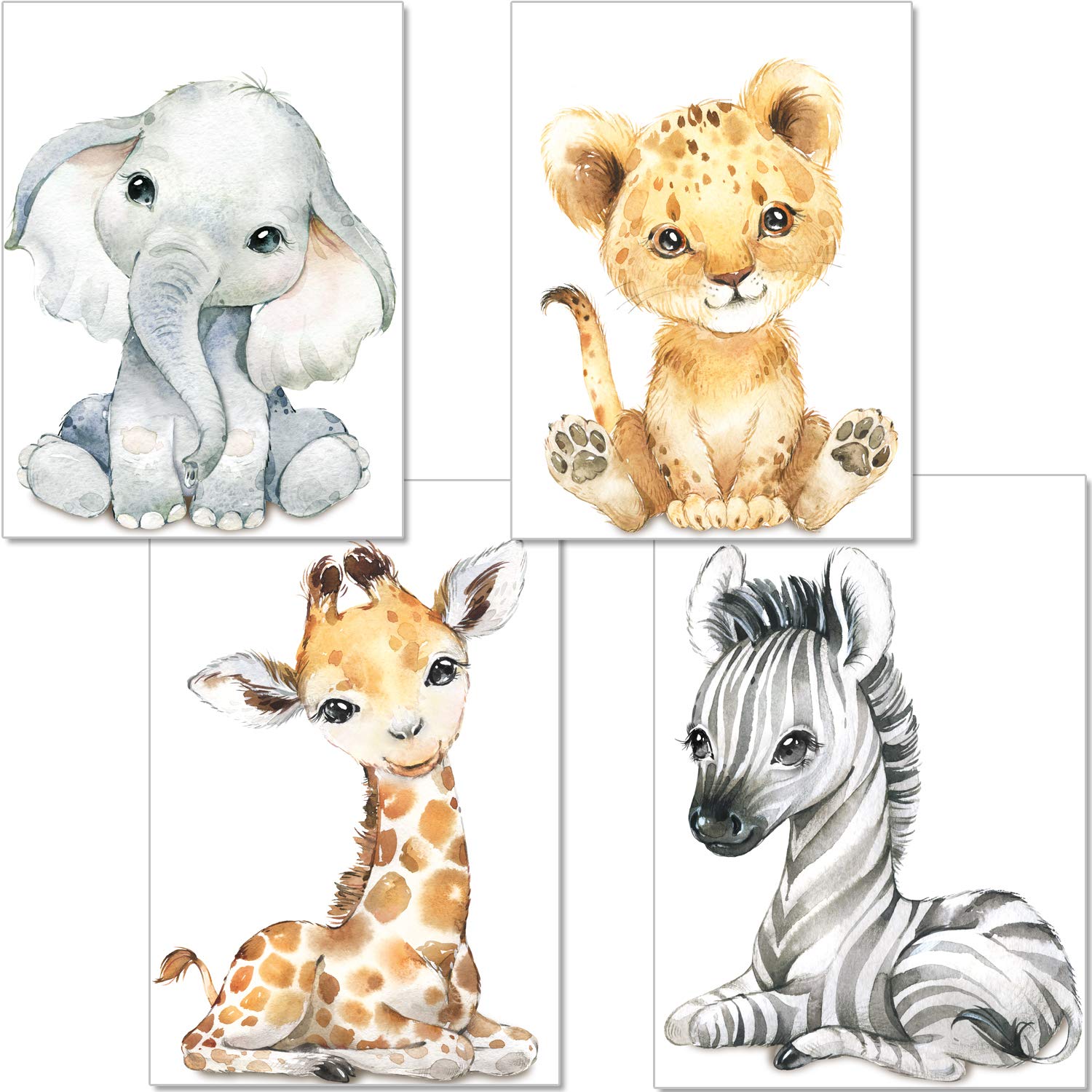 artpin® Set of 4 Pictures Baby Room Decoration Boy Girl - DIN A4 Poster Nursery Baby Jungle Animals - Safari Africa Wall Pictures - Elephant Tiger Giraffe Zebra P60