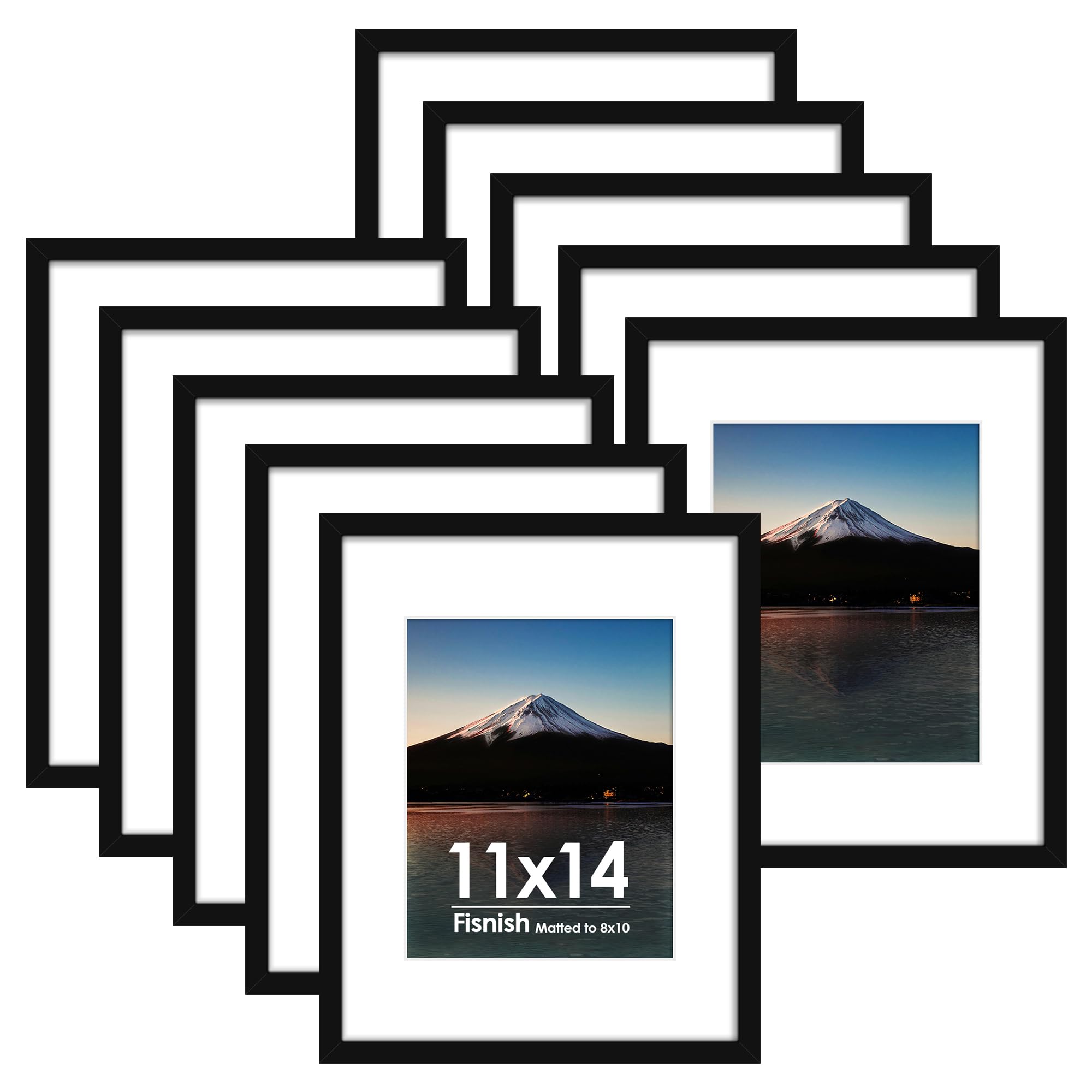 Photo 1 of Fisnish 11x14 Picture Frame Sef of 10, Display Pictures 8x10 with Mat or 11 x 14 Without Mat, Photo Frame Collage for Wall Gallery Decor, Hanging or Tabletop Display, Black