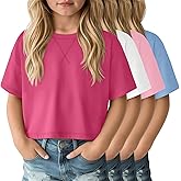LessonZoo 4 Pack Girls Oversized Crop Tops Short Sleeve 5-14 Years Drop Shoulder Crew Neck T-Shirts Kids Casual Athletic Tee